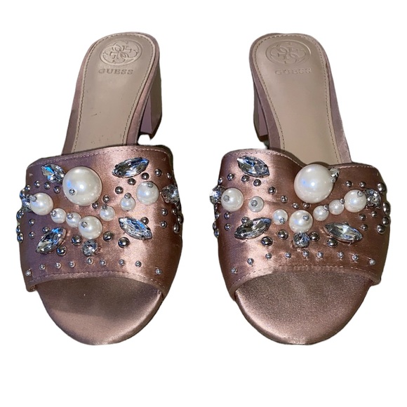Guess Dancerr Embellished Pearl Crystal Blush Pink Block Heel Sandals - 8 - Picture 5 of 16